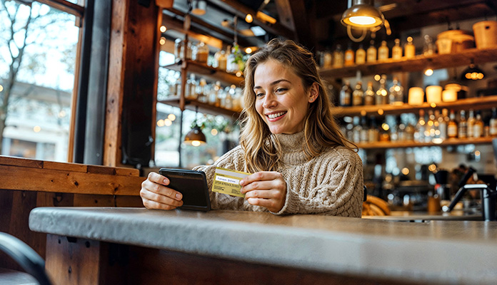 Frau gibt ihre Kartendaten im Smartphone ein