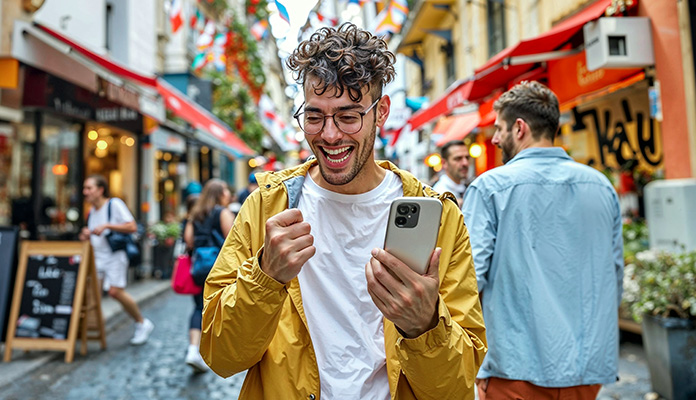 Mann mit Smartphone in einer Fußgängerzone