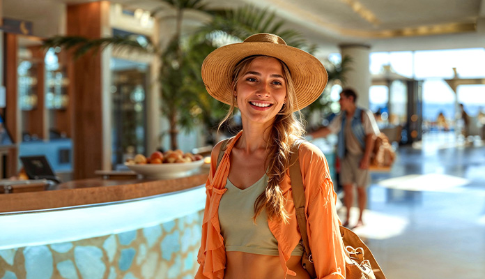 Frau am Empfang in der Hotellobby