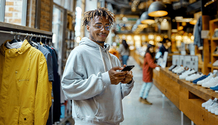 Mann mit Smartphone im Modegeschäft