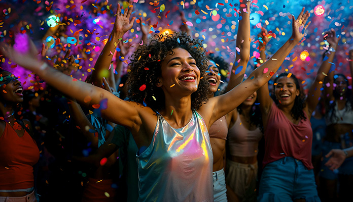 Frau tanzt im Konfettiregen beim Konzert