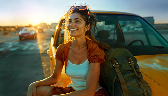 Frau sitzt bei Sonnenuntergang auf der Motorhaube ihres Mietwagens